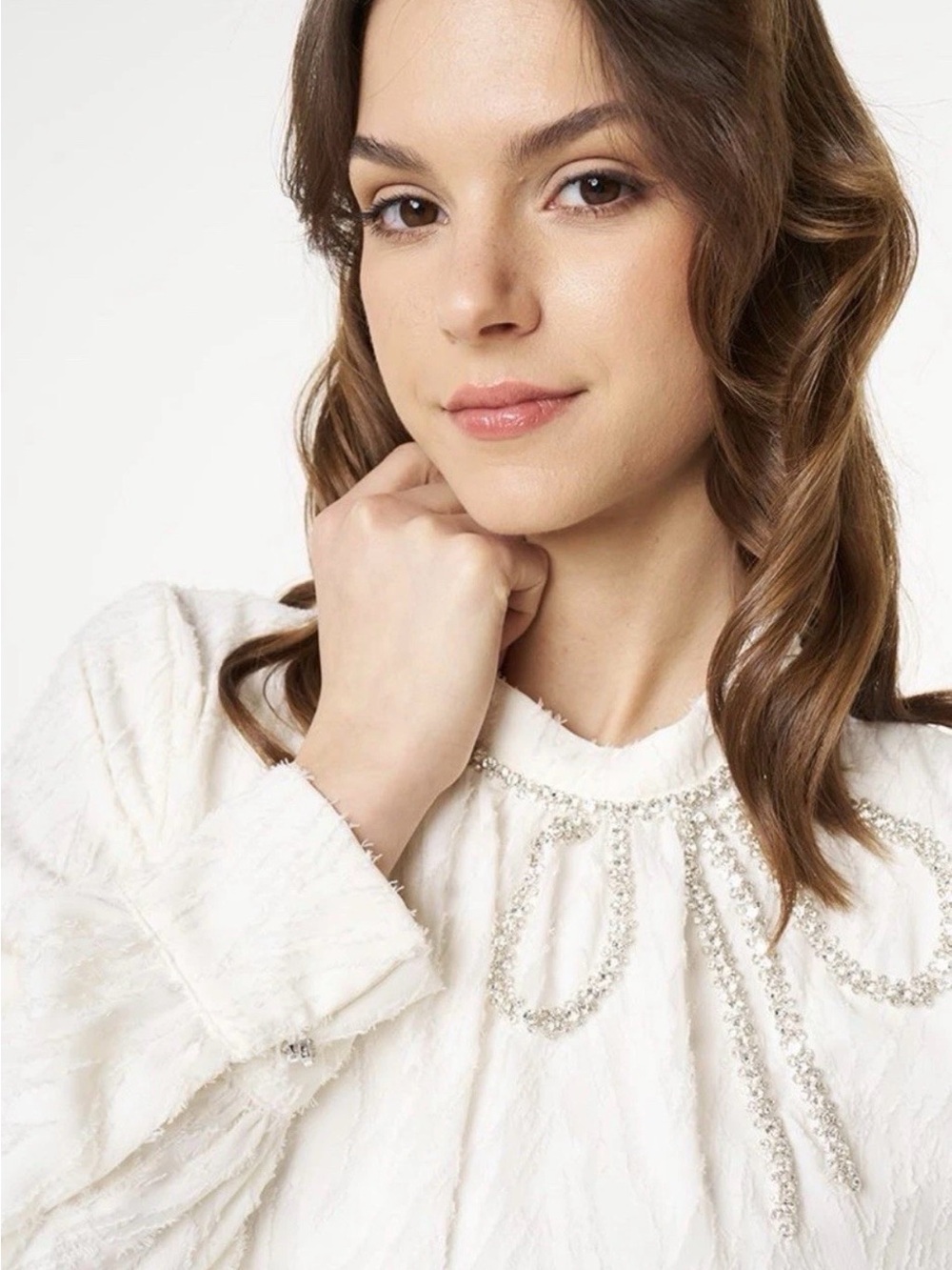 Women's White Beaded Yoke Blouse